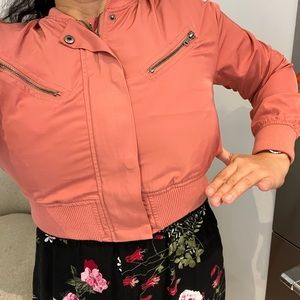 ASHLEY Blush Coral Salmon Cropped Moto Bomber Jacket Coat Top Saks Fifth Ave 5th